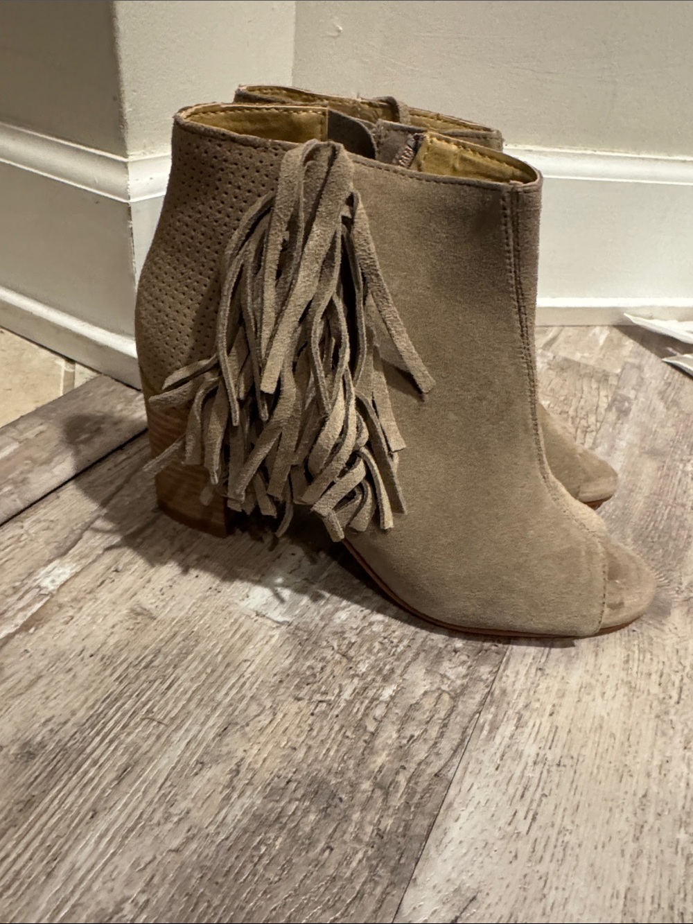 Kensie Girl Taupe Suede Fringe Peep-Toe Booties
